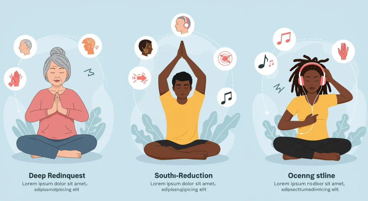 Diversas pessoas praticando técnicas de relaxamento como respiração profunda e yoga, ilustrando a variedade de abordagens para o bem-estar.