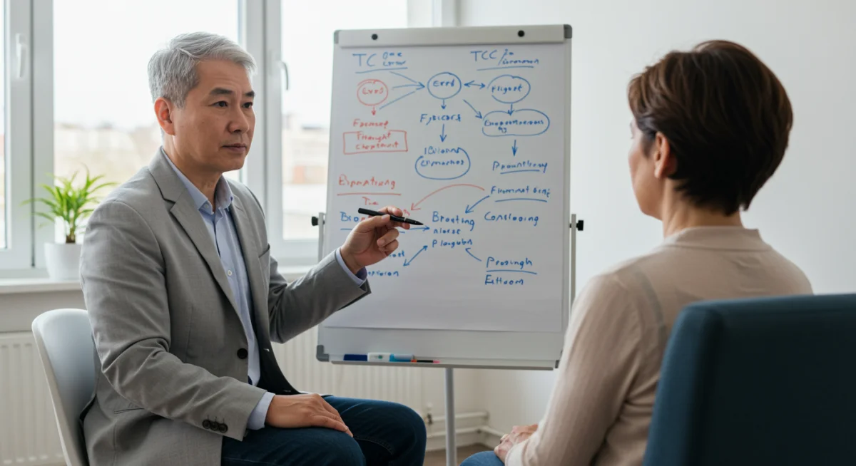 Terapia cognitivo-comportamental focada em diálogo e entendimento de padrões de pensamento.
