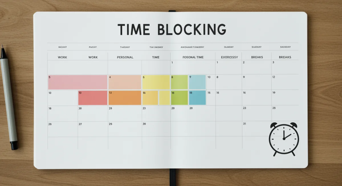 Calendário ou agenda com blocos de tempo coloridos, ilustrando a técnica de time blocking para organização e controle da rotina.