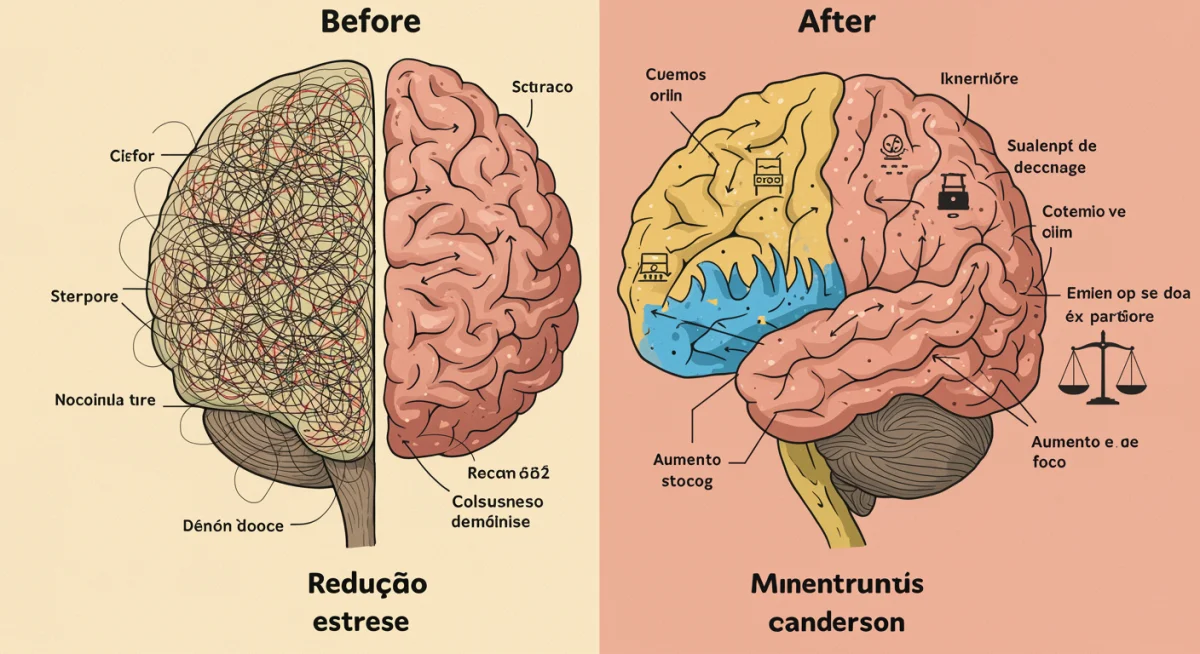 Gráfico ilustrando a transformação cerebral após 3 meses de prática de mindfulness, com antes e depois.