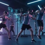 Treinamento Funcional 2025: 7 Tendências para Otimizar Resultados Pessoas praticando treinamento funcional com tecnologia avançada em um ambiente futurista de academia, representando as tendências de 2025.