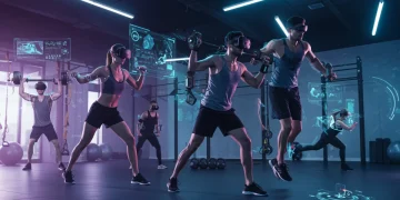 Pessoas praticando treinamento funcional com tecnologia avançada em um ambiente futurista de academia, representando as tendências de 2025.