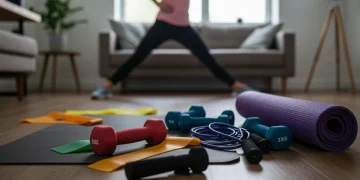 Pessoa se exercitando em um ambiente doméstico com equipamentos de treino essenciais e organizados.