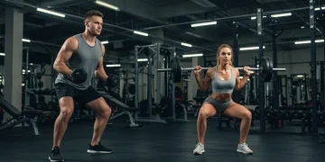 Homem e mulher iniciantes levantando pesos em academia moderna, com foco em técnica e determinação.