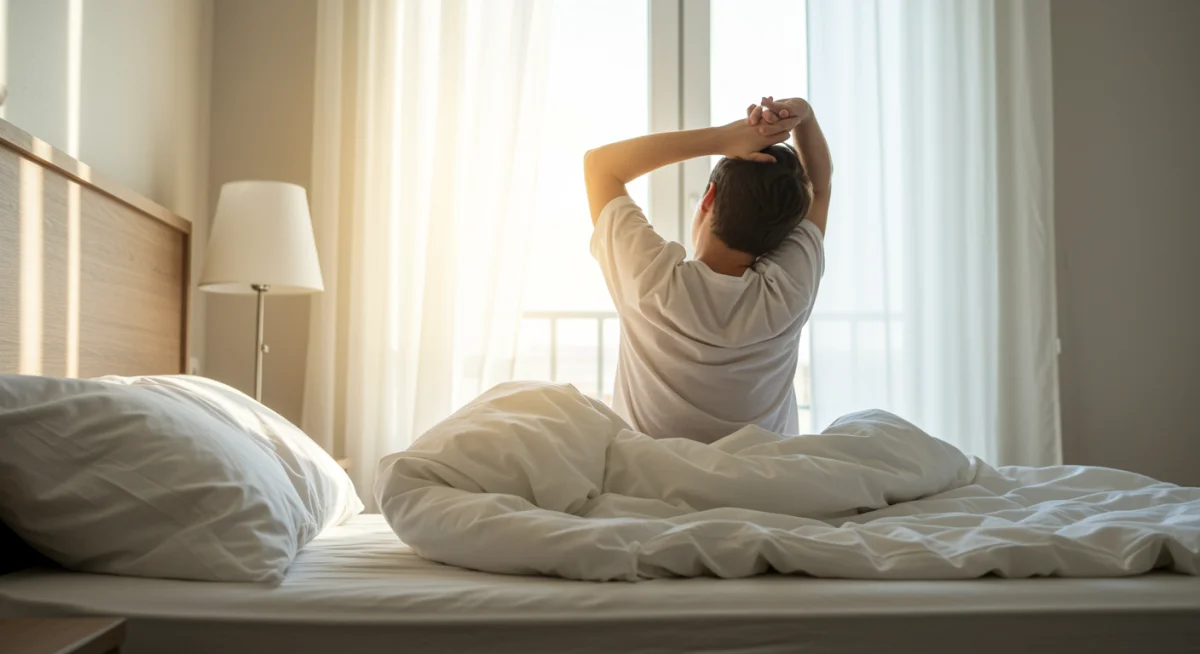 Pessoa espreguiçando na cama ao acordar, com luz do sol entrando pela janela, transmitindo energia e bem-estar após um sono de qualidade.