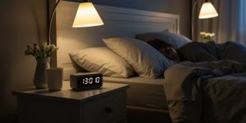 Desvendando o Sono Reparador: Novas Técnicas de Higiene para Melhorar em 30 Dias Quarto sereno e aconchegante com iluminação suave, cama arrumada e pessoa dormindo tranquilamente, simbolizando sono reparador.