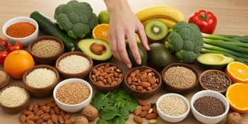 Variedade de alimentos frescos e saudáveis dispostos em uma mesa de madeira, representando nutrição consciente e energia.