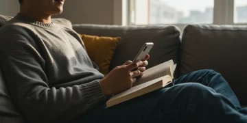 Pessoa relaxada lendo um livro em um ambiente aconchegante, simbolizando o bem-estar digital e a desconexão.