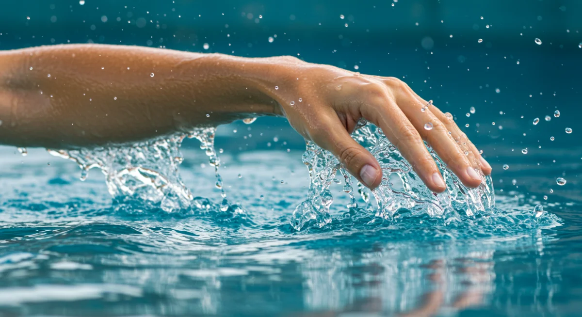 Detalhe de mão em movimento na água, ilustrando a resistência e o trabalho muscular na natação.