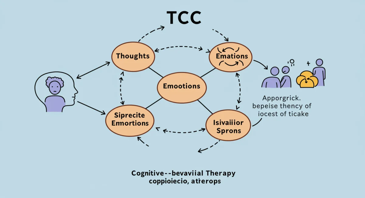 Diagrama mostrando a interconexão entre pensamentos, emoções e comportamentos na TCC