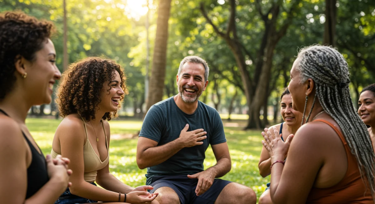 Grupo de pessoas praticando exercícios de gratidão em um parque ensolarado no Brasil, promovendo bem-estar coletivo.