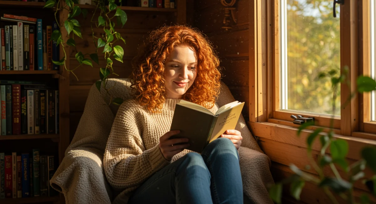 Pessoa lendo um livro físico, desfrutando de um momento offline e de bem-estar.