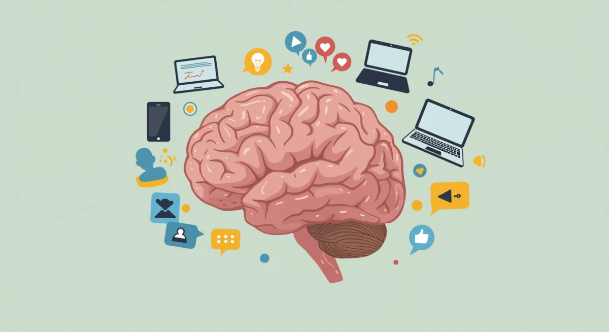 Ilustração de um cérebro sobrecarregado por ícones digitais, representando o impacto do tempo de tela na mente.