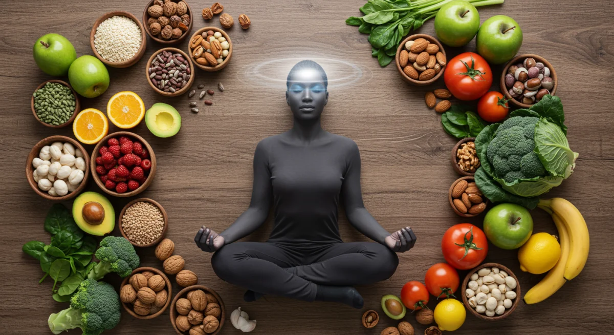 Pessoa meditando com um halo de luz, cercada por frutas e vegetais, ilustrando a paz mental através de uma alimentação consciente.