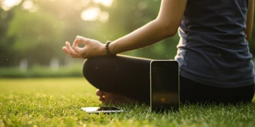 Pessoa meditando com celular ao lado, simbolizando equilíbrio digital e bem-estar em meio à natureza.