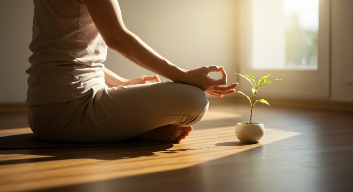 Pessoa meditando em um ambiente tranquilo, simbolizando a conexão entre mente, corpo e nutrição consciente.