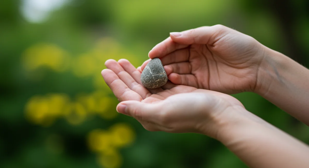 Mãos segurando uma pedra, representando o foco e a conexão com o momento presente na prática de mindfulness.