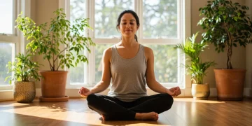 Pessoa meditando calmamente em um ambiente sereno, simbolizando foco e paz interior através do mindfulness.