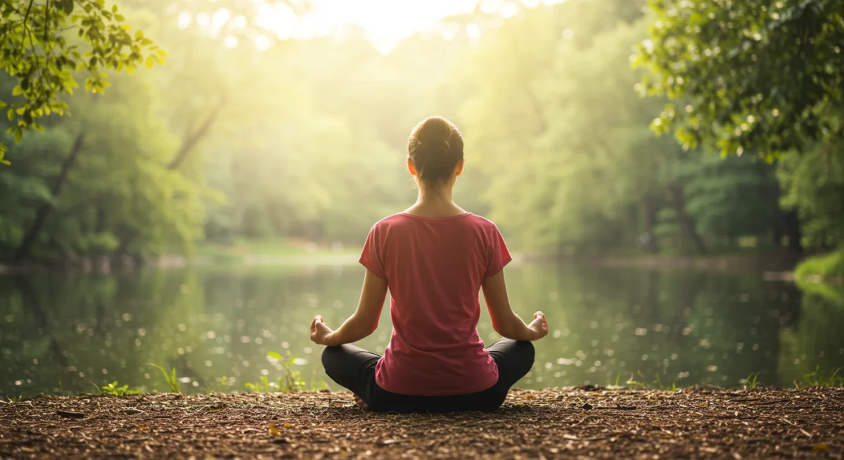 Pessoa meditando em um ambiente natural tranquilo, simbolizando a prática de mindfulness e autoconsciência para a resiliência.