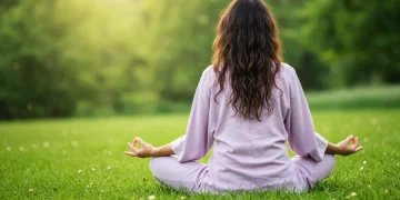 Mulher meditando ao ar livre, transmitindo paz e redução de estresse.