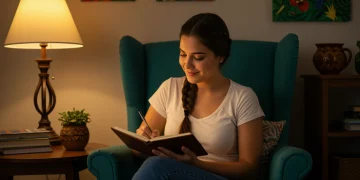 Pessoa escrevendo em um diário com expressão de gratidão, simbolizando paz e bem-estar mental no Brasil.