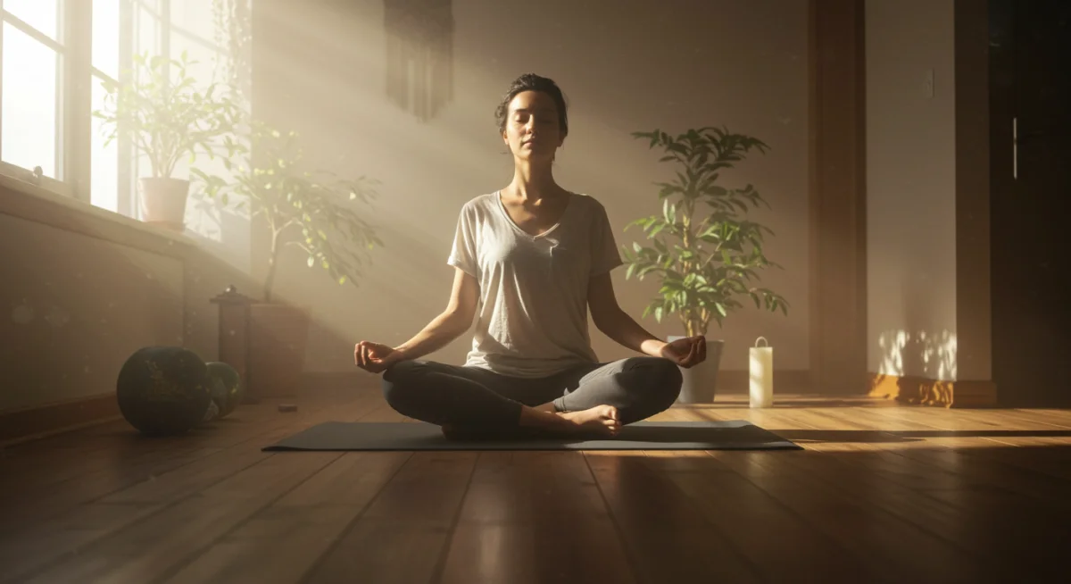 Pessoa meditando em um ambiente tranquilo, focando na respiração e clareza mental pela manhã.