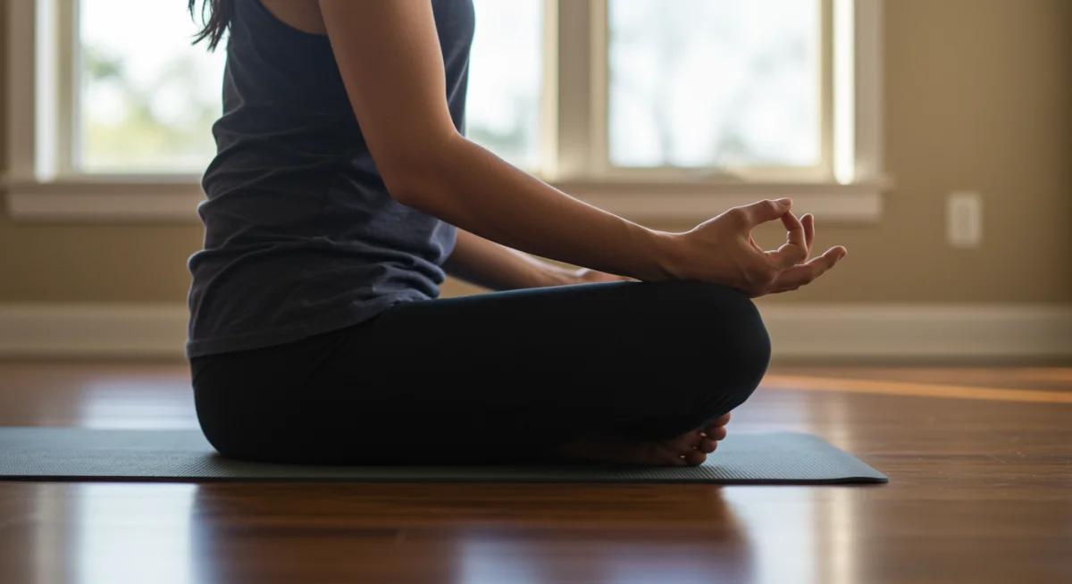 Pessoa meditando em ambiente tranquilo, focada na respiração e relaxamento.