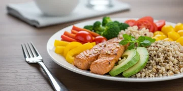 Prato colorido com alimentos saudáveis e equilibrados, simbolizando a ligação entre alimentação e saúde mental em 2026.