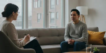 Pessoa em sessão de Terapia Cognitivo-Comportamental (TCC) com terapeuta