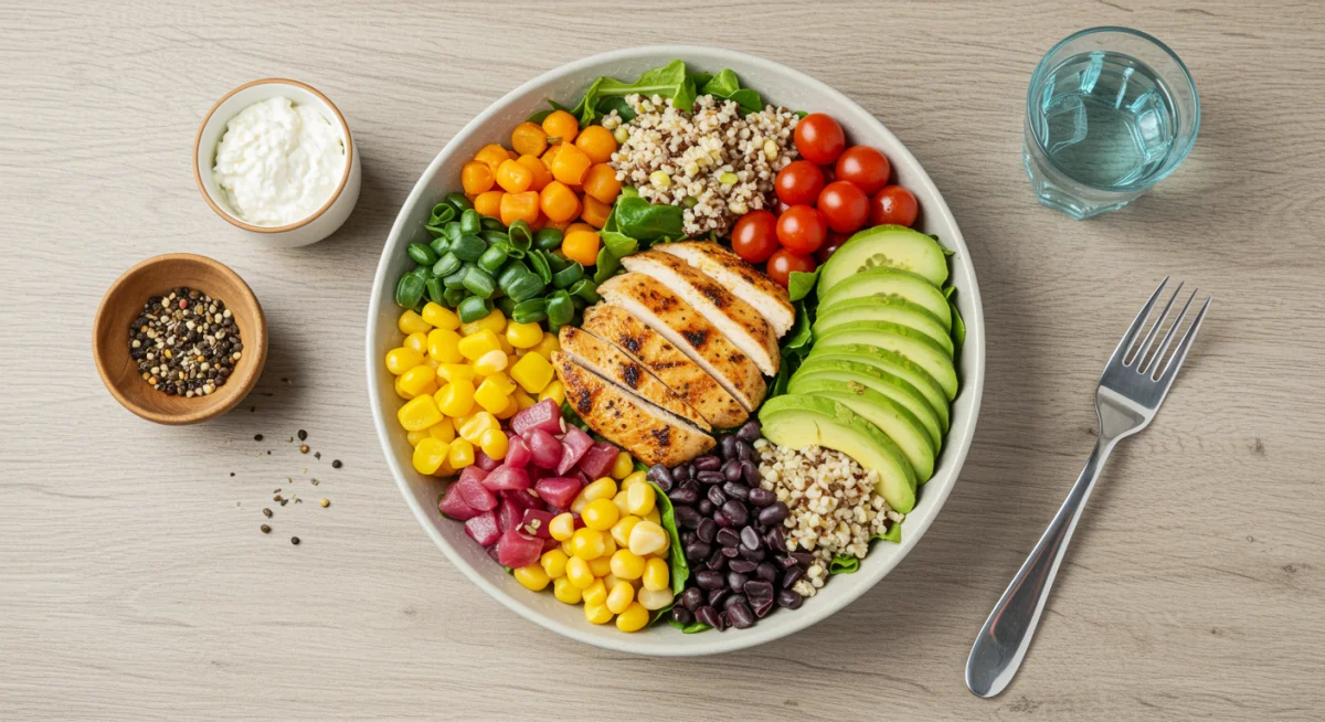 Refeição saudável e equilibrada com vegetais frescos, grãos e proteína, simbolizando nutrição para o bem-estar.