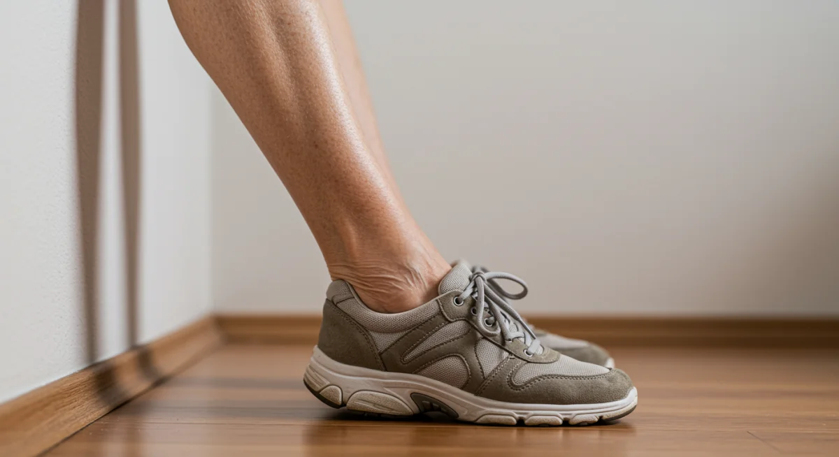 Pés e pernas de idoso realizando alongamento de panturrilha contra a parede, detalhando a técnica correta.