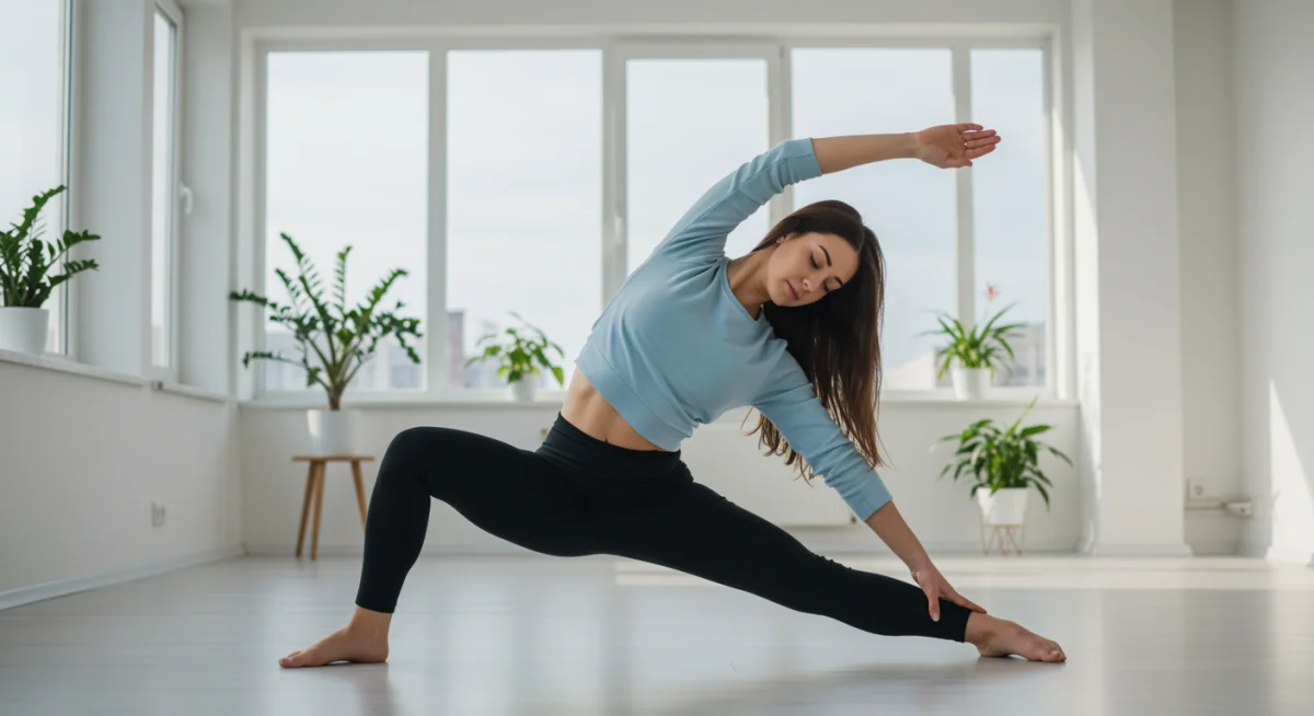 Pessoa fazendo alongamento ou yoga leve, promovendo clareza mental e alívio do estresse.