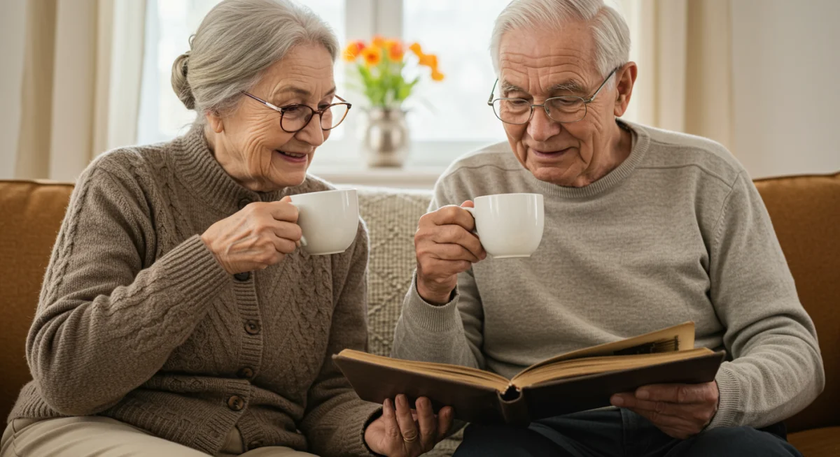 Duas amigas idosas tomando chá e olhando um álbum de fotos, representando amizade duradoura e apoio mútuo.