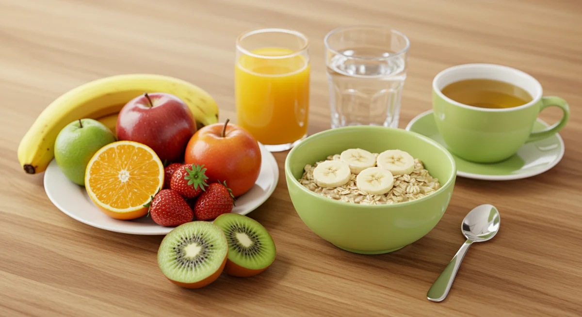 Mesa com café da manhã saudável, frutas frescas e aveia, ilustrando a importância da nutrição matinal.
