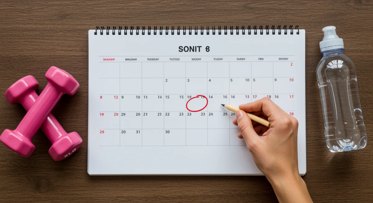 Calendário com datas marcadas e uma mão circulando um dia, representando o acompanhamento do progresso em 3 meses.