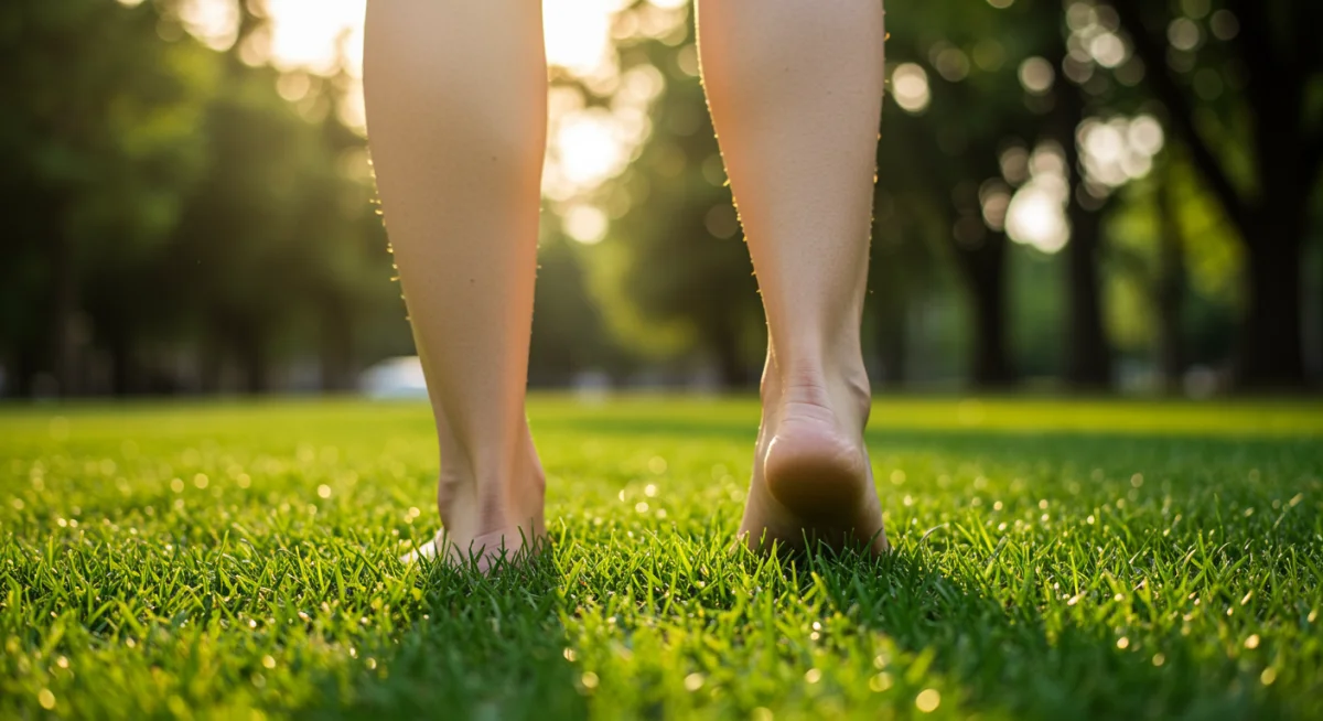 Pessoa caminhando descalça na grama, conectando-se com a natureza e praticando a caminhada consciente.