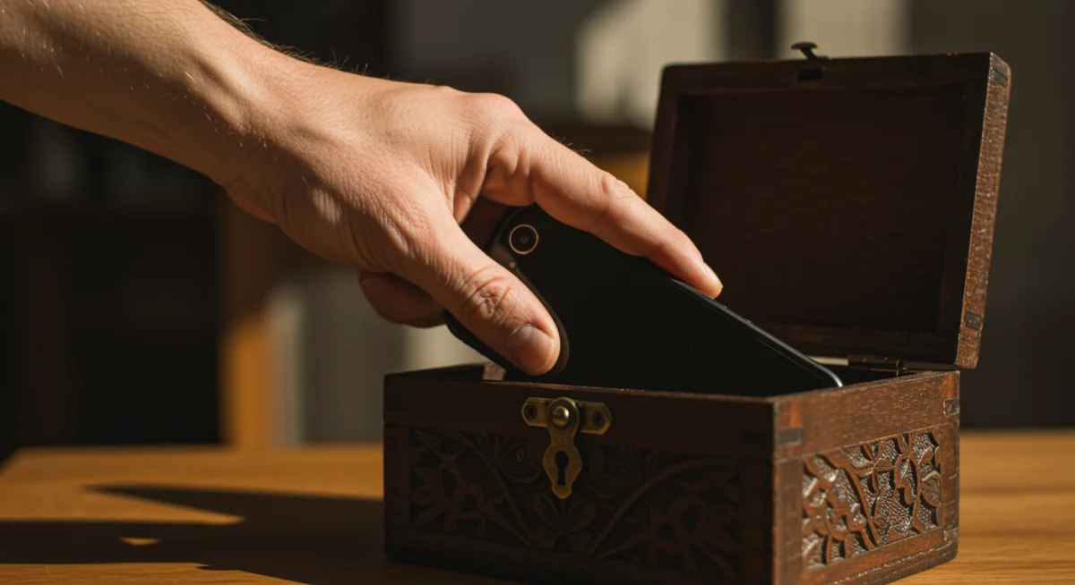 Mão guardando smartphone em caixa trancada, simbolizando desconexão digital