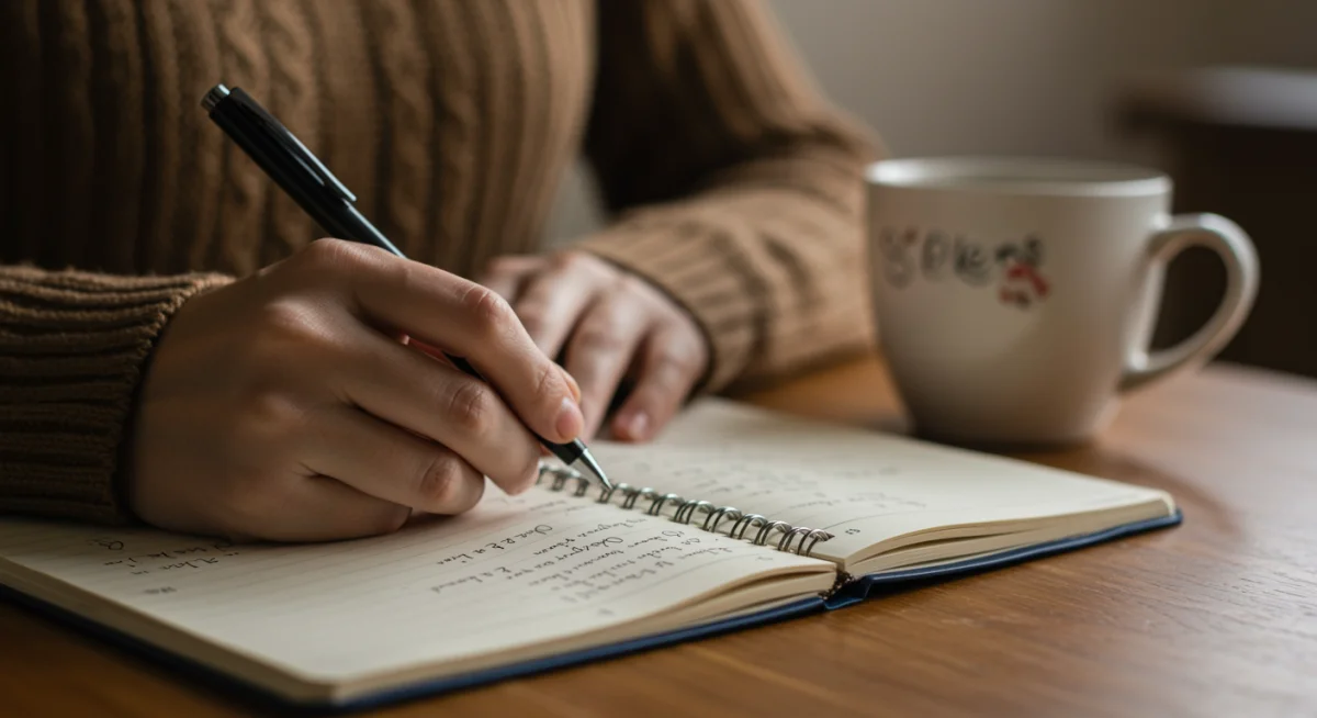 Pessoa escrevendo em um diário, praticando a reflexão e liberando emoções.