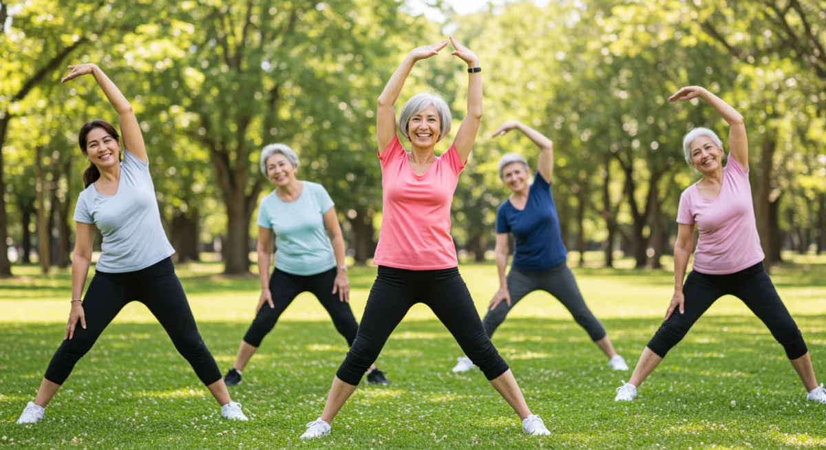 Grupo de idosos sorridentes praticando alongamento em parque com instrutor, promovendo atividade física e socialização.