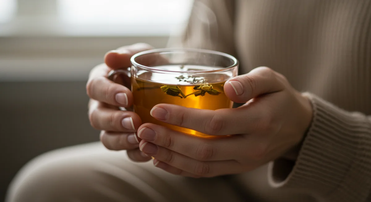 Mãos segurando uma xícara de chá quente, focando na experiência sensorial e no momento presente.