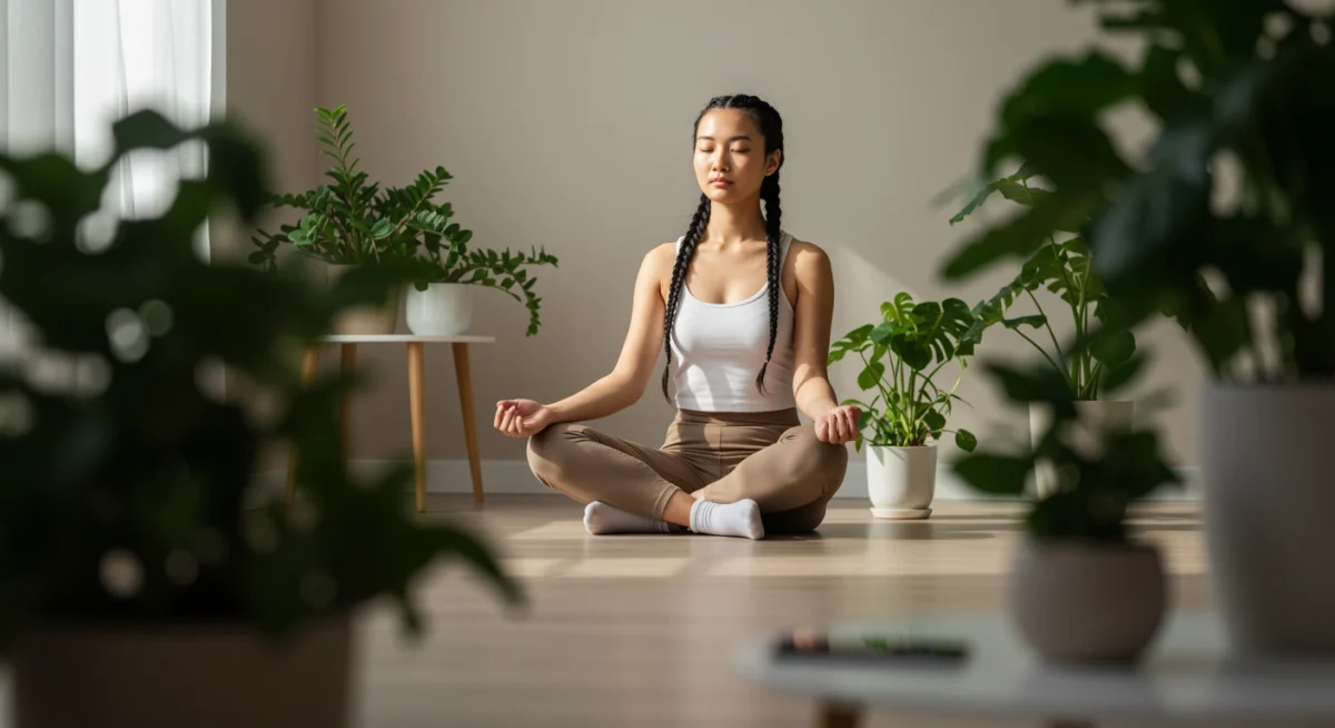 Pessoa meditando em ambiente tranquilo, focada no bem-estar durante desintoxicação