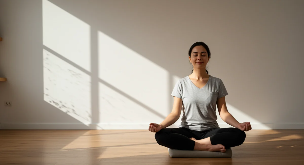 Pessoa meditando tranquilamente em um ambiente calmo, representando o hábito da meditação matinal.