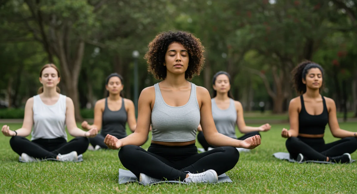 Grupo praticando meditação mindfulness ao ar livre, promovendo bem-estar mental e redução de estresse.