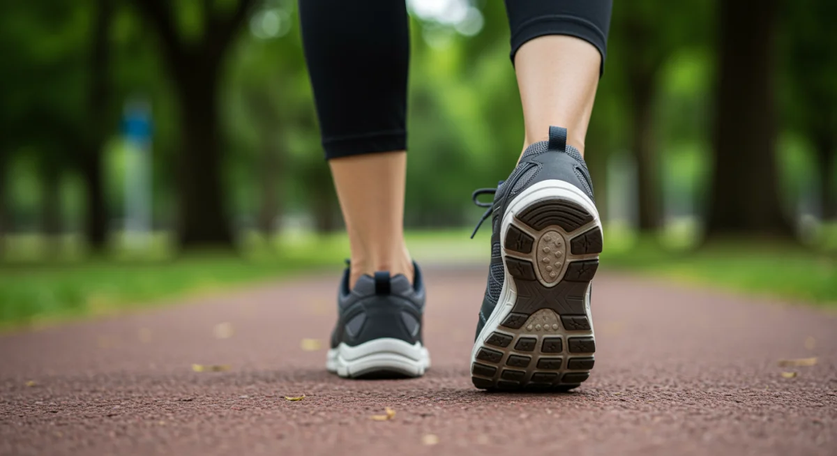 Pés com tênis confortáveis caminhando em uma trilha, destacando a importância do calçado adequado.