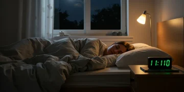 Pessoa dormindo profundamente em um quarto tranquilo e escuro, simbolizando um sono reparador.