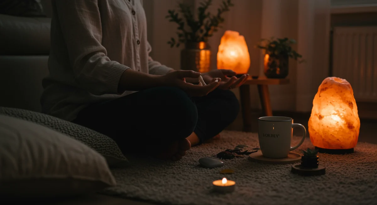 Pessoa meditando antes de dormir, criando um ambiente relaxante e propício ao sono.