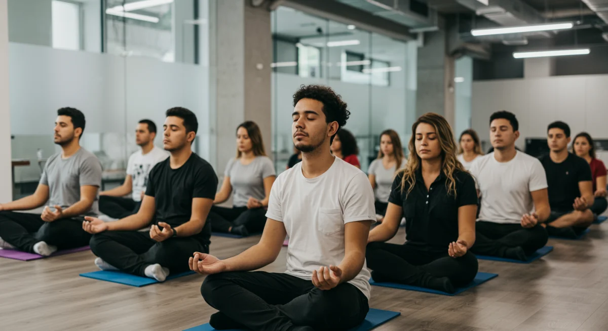 Funcionários brasileiros participando de uma sessão de mindfulness guiada em um escritório moderno.