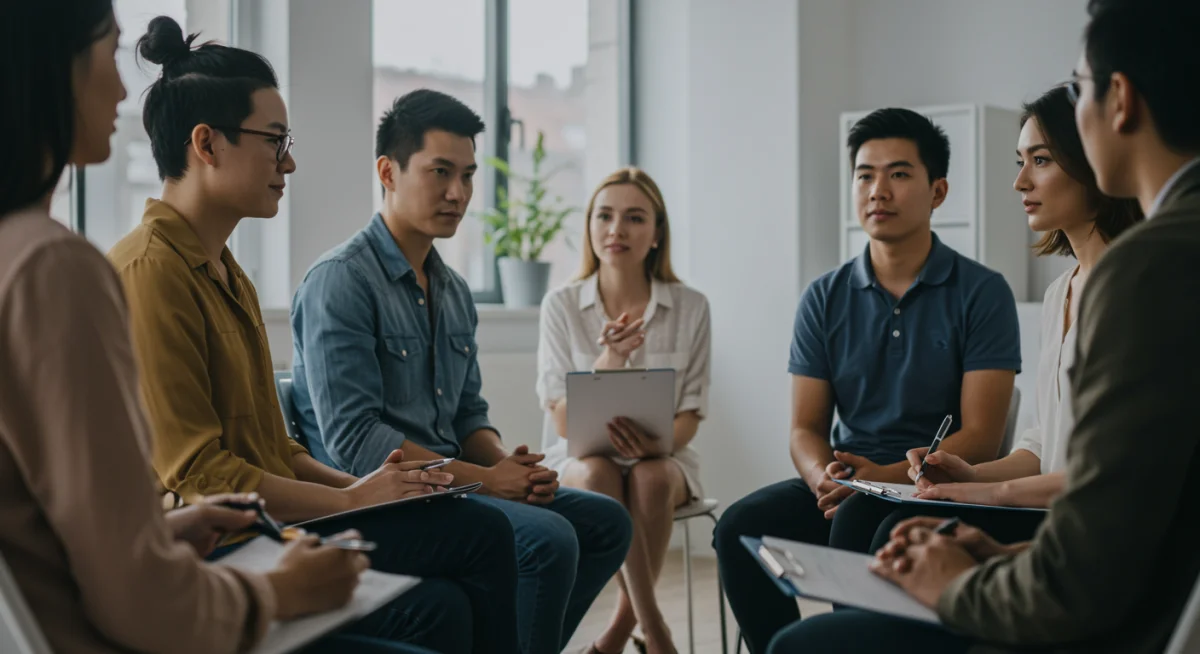 Grupo diverso em sessão de terapia moderna, discutindo saúde mental