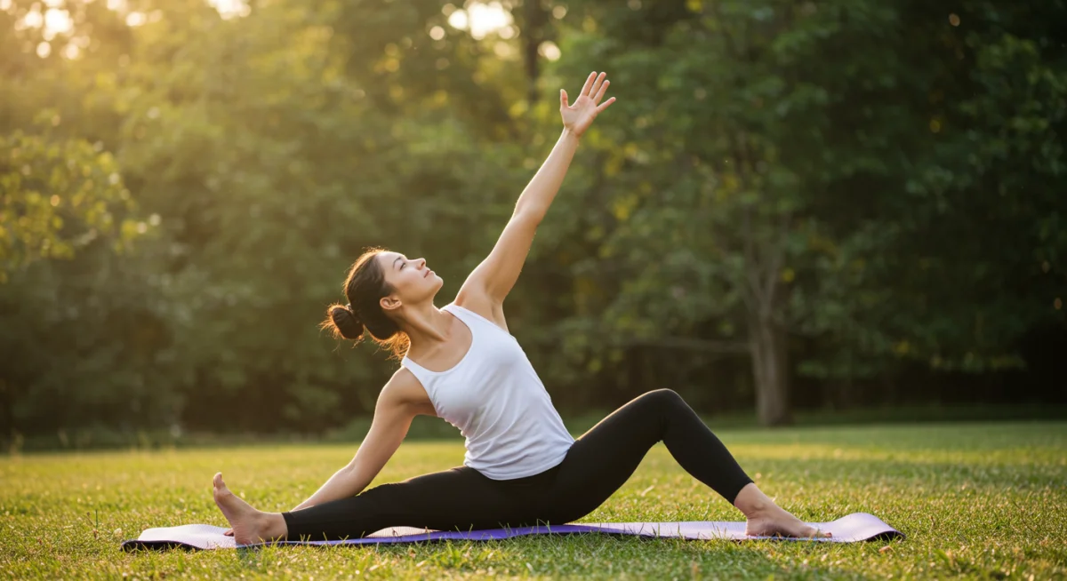 Pessoa praticando yoga ao ar livre, uma forma eficaz de descanso ativo para flexibilidade e mente.